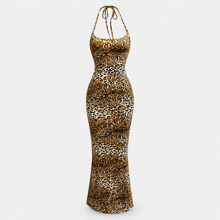 Formal women's long halter neck maxi dress. Elegant backless evening gown for special occasions & high-end events.