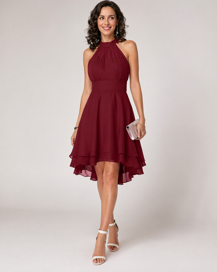 Elegant women's halter neck midi cocktail dress, perfect for parties & special occasions.