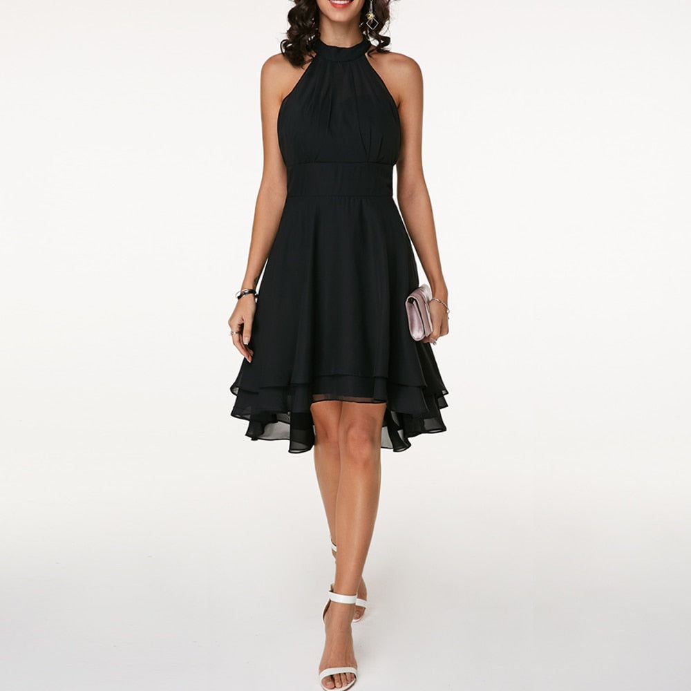 Sophisticated women's halter neck midi dress, ideal for formal parties and special occasions.
