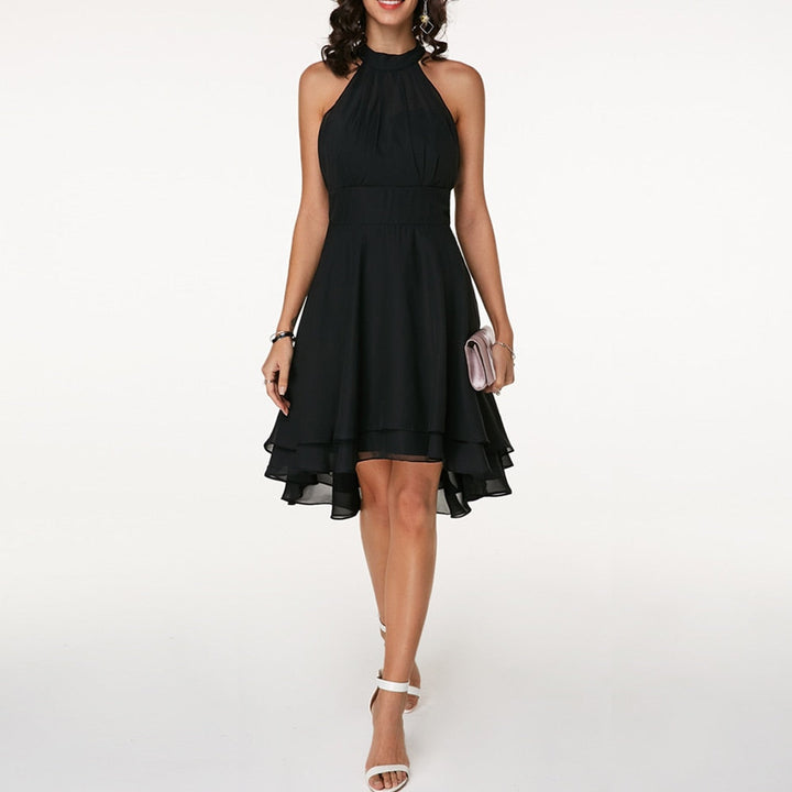 Sophisticated women's halter neck midi dress, ideal for formal parties and special occasions.