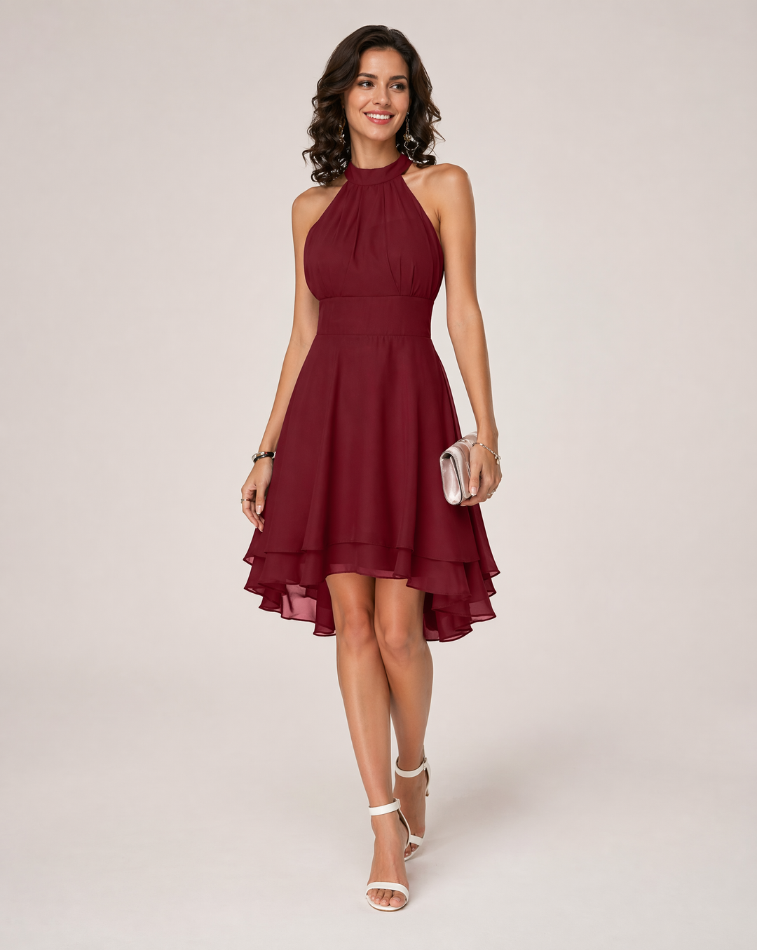 Formal halter neck midi cocktail dress for women, featuring an elegant & flattering design.