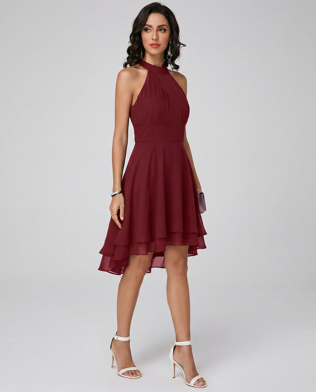 Women's party wear: elegant halter neck midi dress, perfect for special occasions.