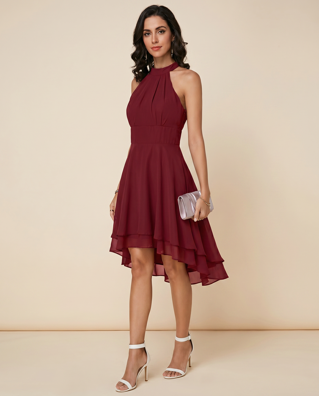 Sleek women's halter neck midi dress, a stylish and elegant option for cocktail events.