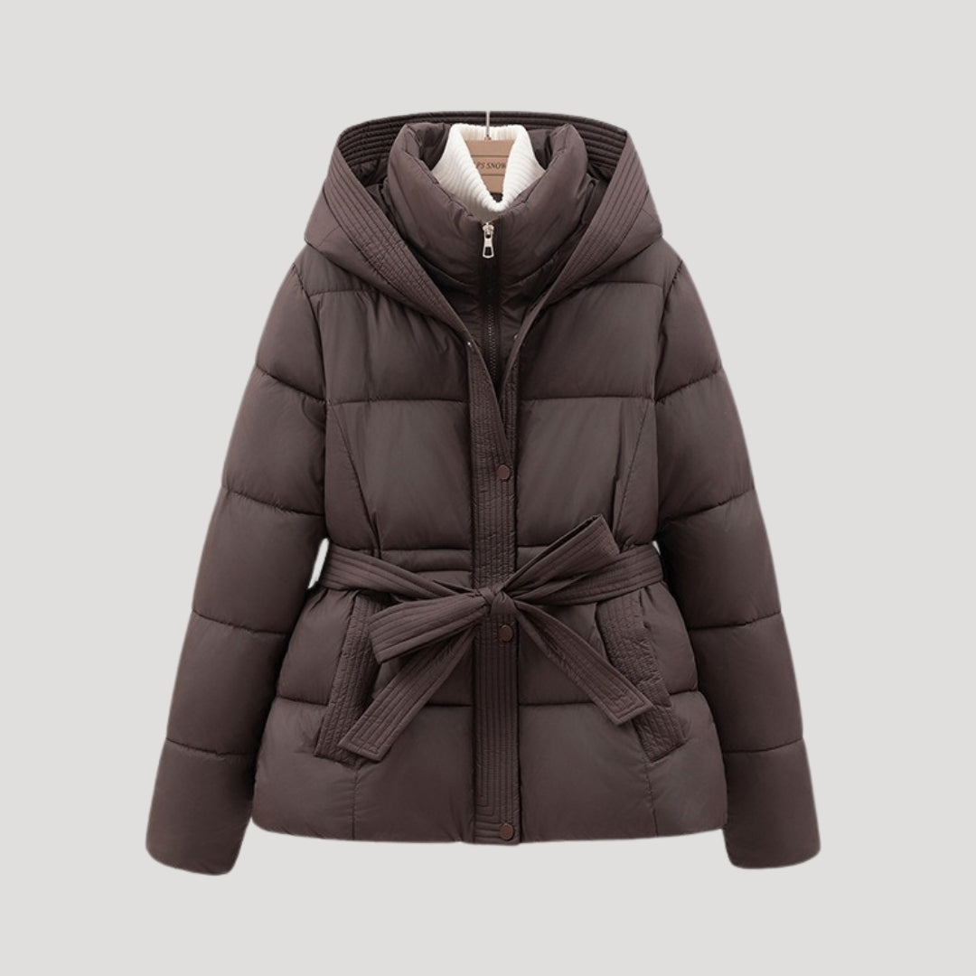 Warm women's belted hooded puffer jacket, elegant winter outerwear for cozy and stylish cold weather comfort.