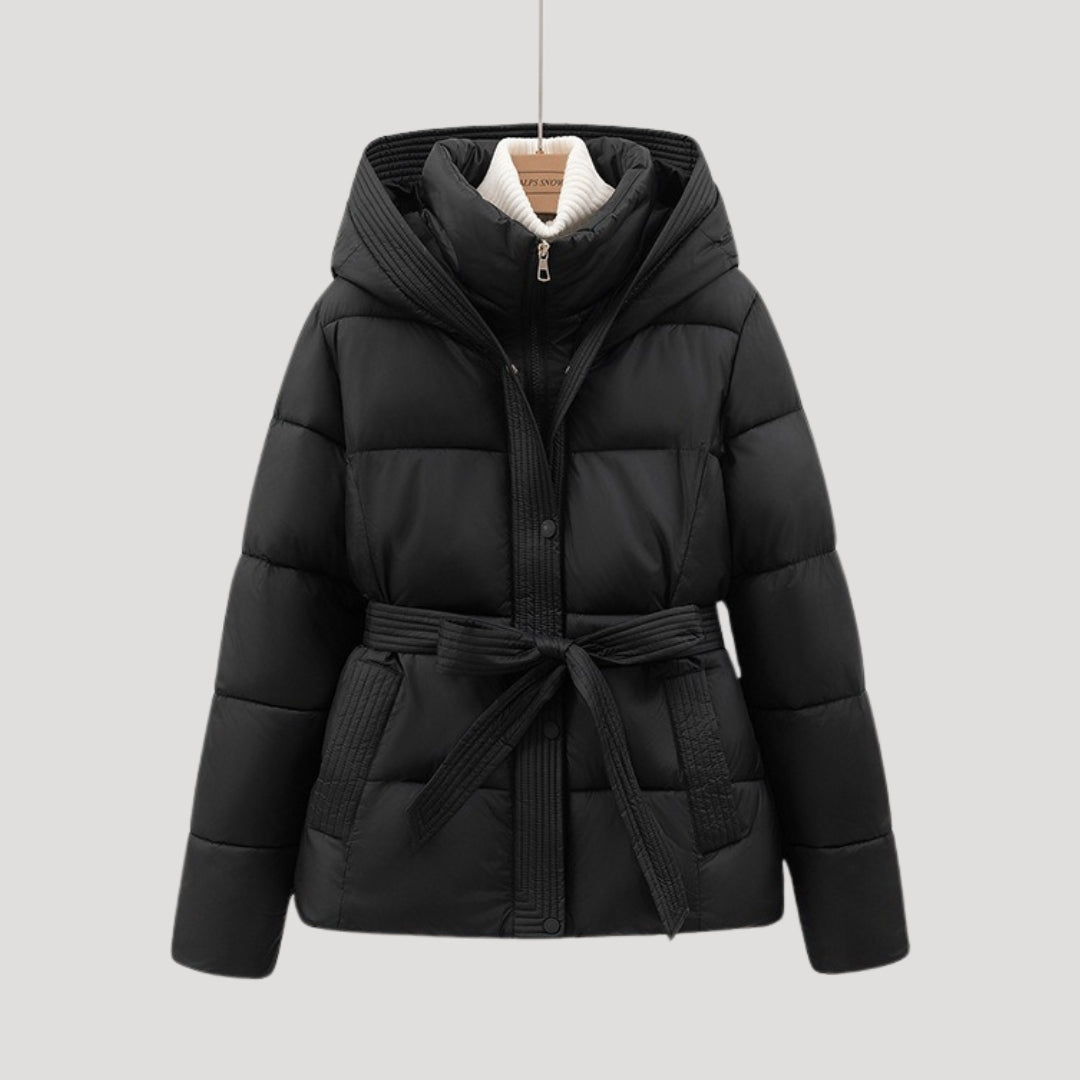 Elegant women's hooded belted puffer jacket, a warm winter coat for stylish cold weather and outdoor wear.