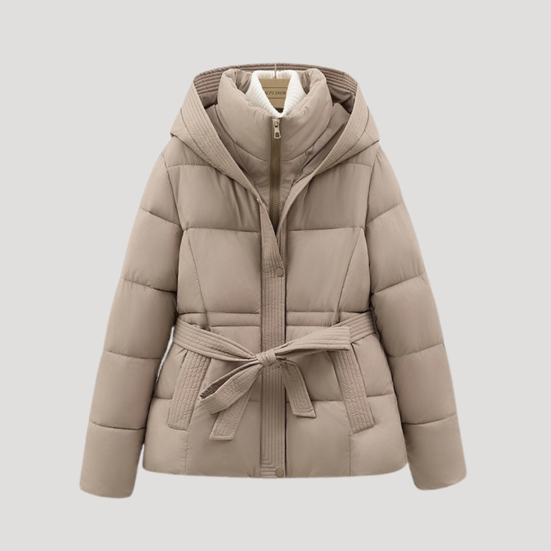 Women's elegant hooded winter puffer jacket with belt, combining warmth, style, and cozy comfort.