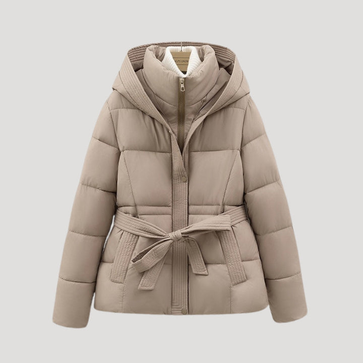 Women's elegant hooded winter puffer jacket with belt, combining warmth, style, and cozy comfort.