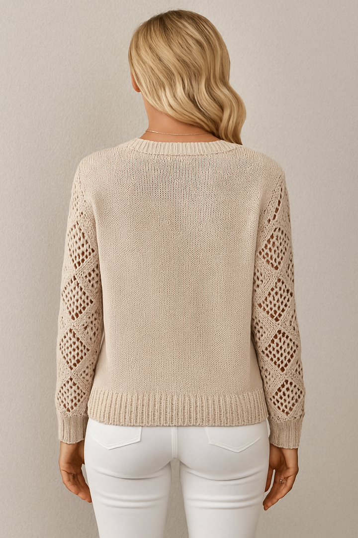 Lightweight women's pullover sweater featuring delicate crochet long sleeves, ideal for transitional weather.
