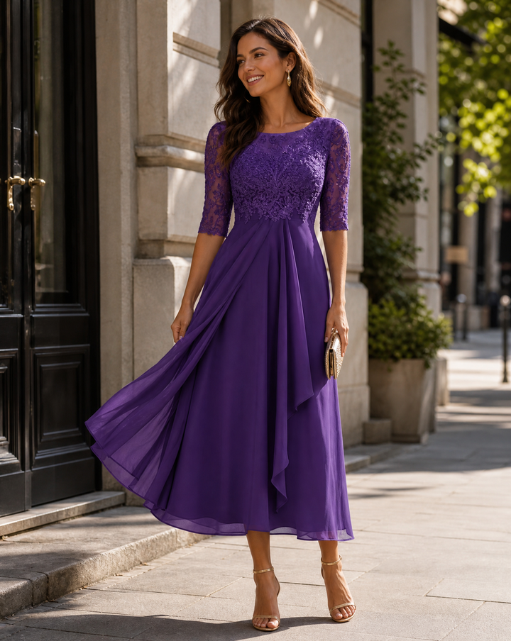 Sophisticated women's midi dress with lace bodice, ideal for parties, weddings, and cocktail events.
