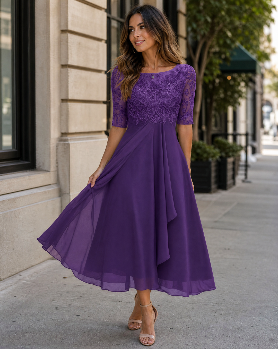 Women's long sleeve lace bodice midi dress, a stunning choice for formal events & evening wear.