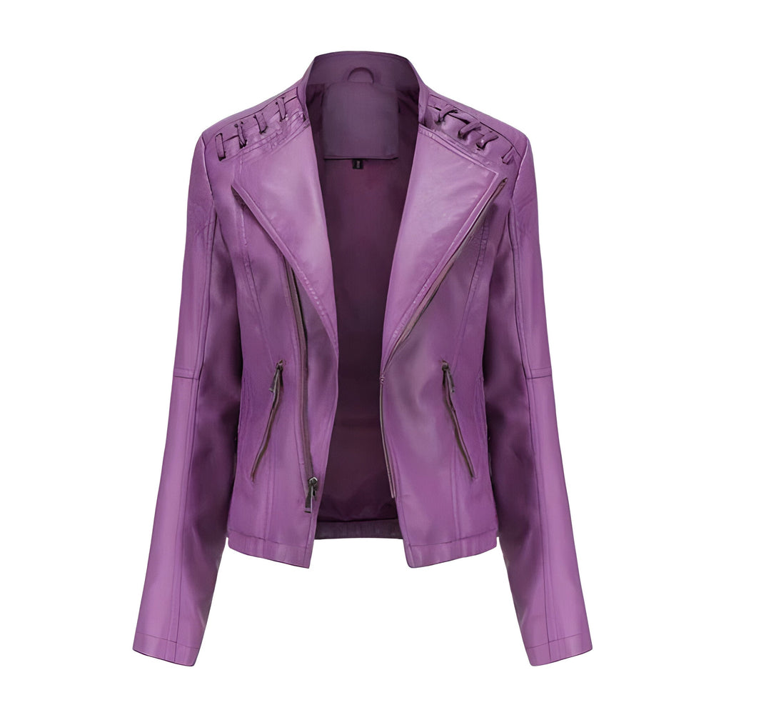 Front view of women's elegant vintage lambskin leather jacket, showcasing sophisticated design & quality.