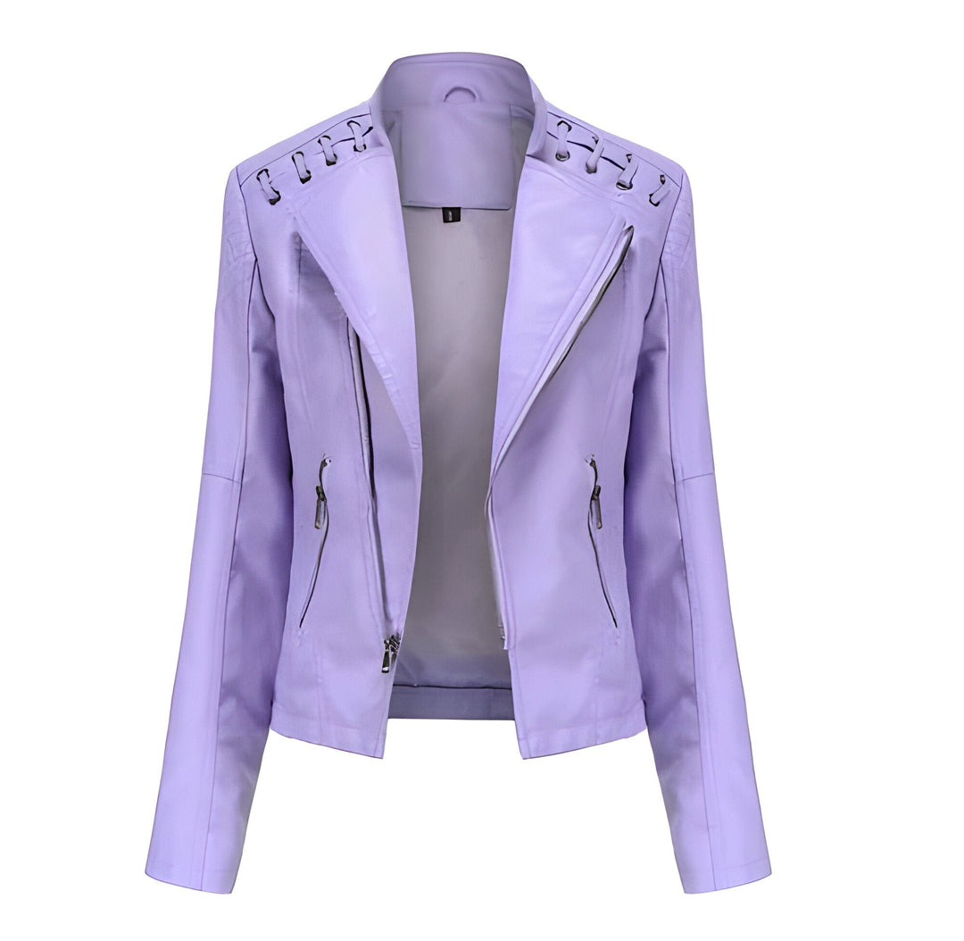 Back view of women's versatile lambskin jacket, classic vintage style, ideal for elegant all-season fashion.