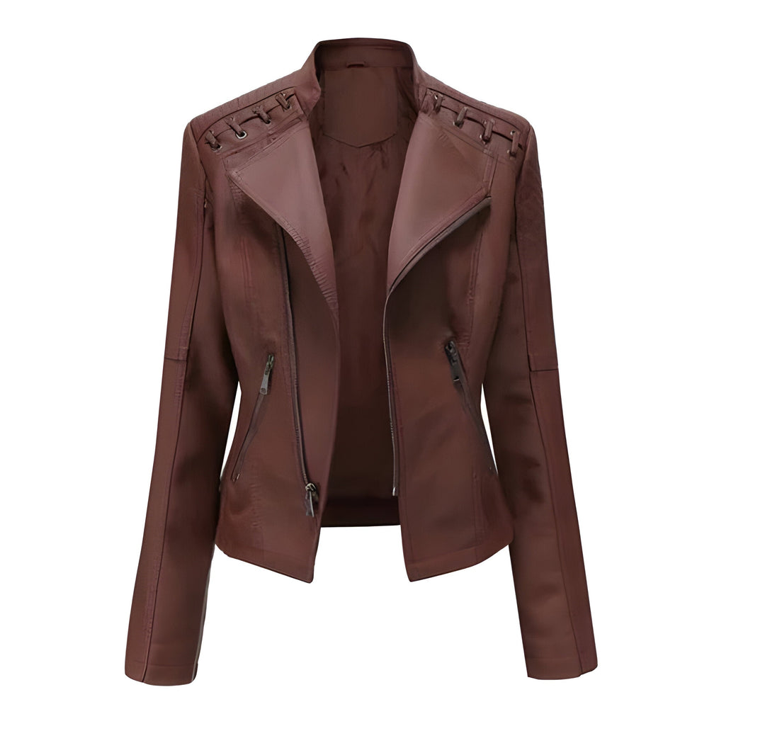 Stylish women's vintage leather coat, luxurious lambskin, ideal for elegant office wear or chic casual outings.
