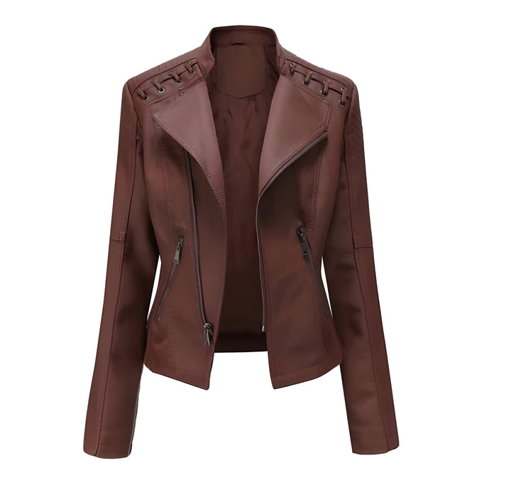 Stylish women's vintage leather coat, luxurious lambskin, ideal for elegant office wear or chic casual outings.