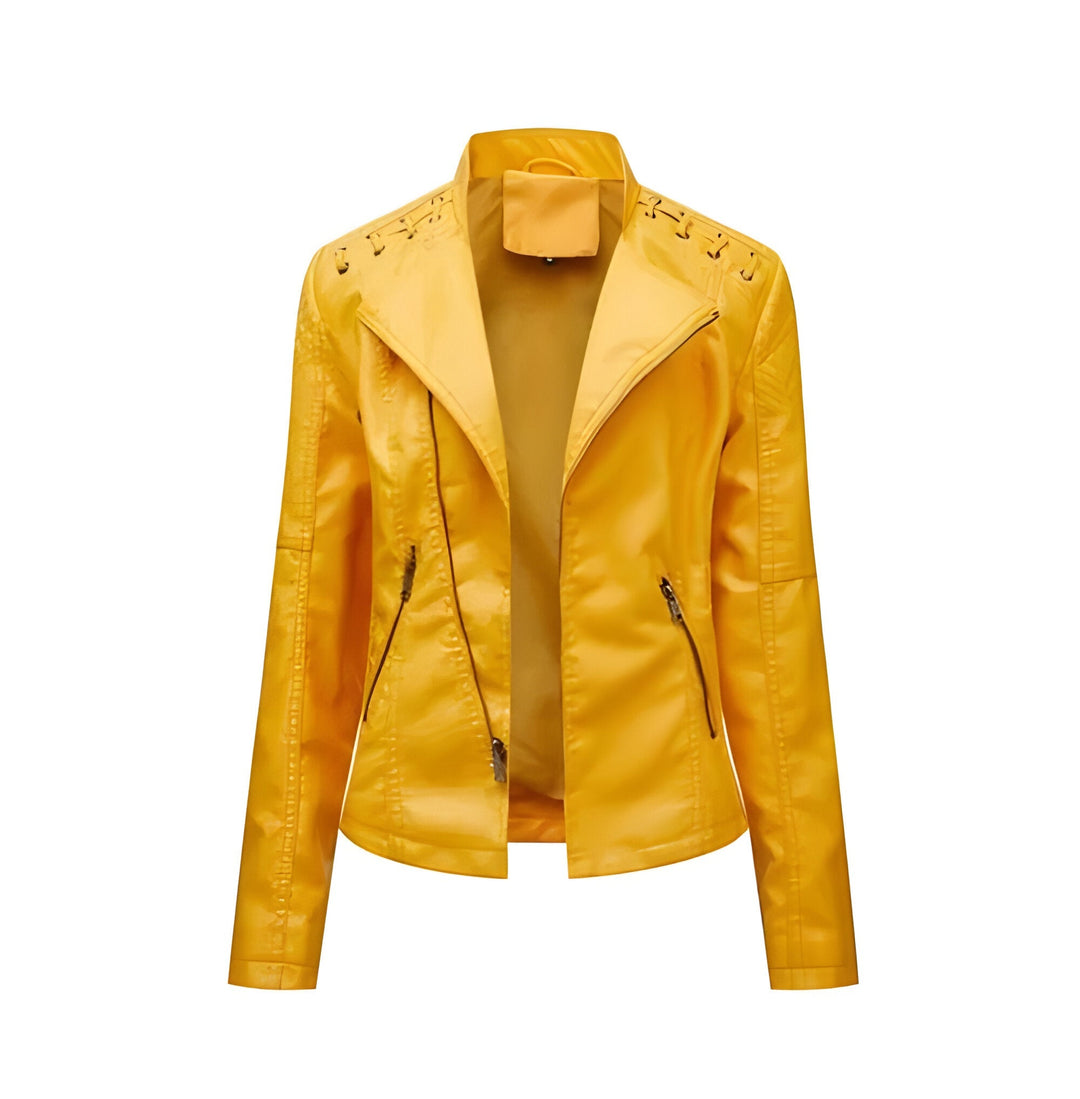 Luxurious lambskin leather jacket for women, elegant vintage style, perfect as sophisticated all-season outerwear.