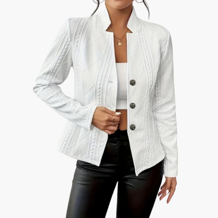 Stylish women's blazer with lapel collar & button closure. Versatile & elegant professional jacket for ladies.