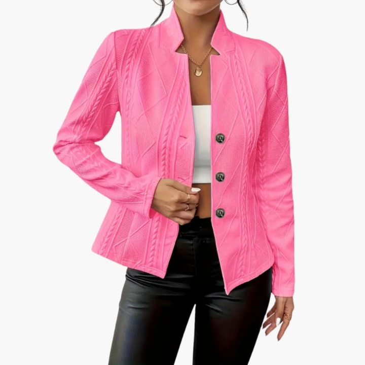 Professional women's blazer featuring a classic lapel collar and stylish buttons. Perfect for office & formal wear.