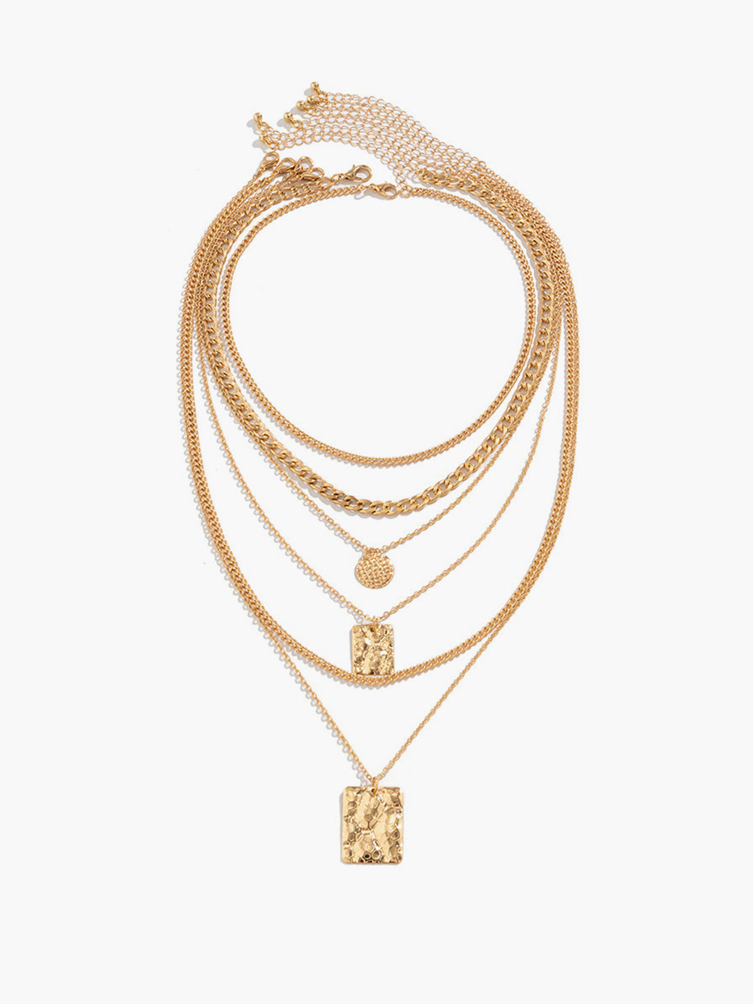 Fashionable women's gold & silver layered pendant necklace, featuring unique textured details. Elegant accessory.