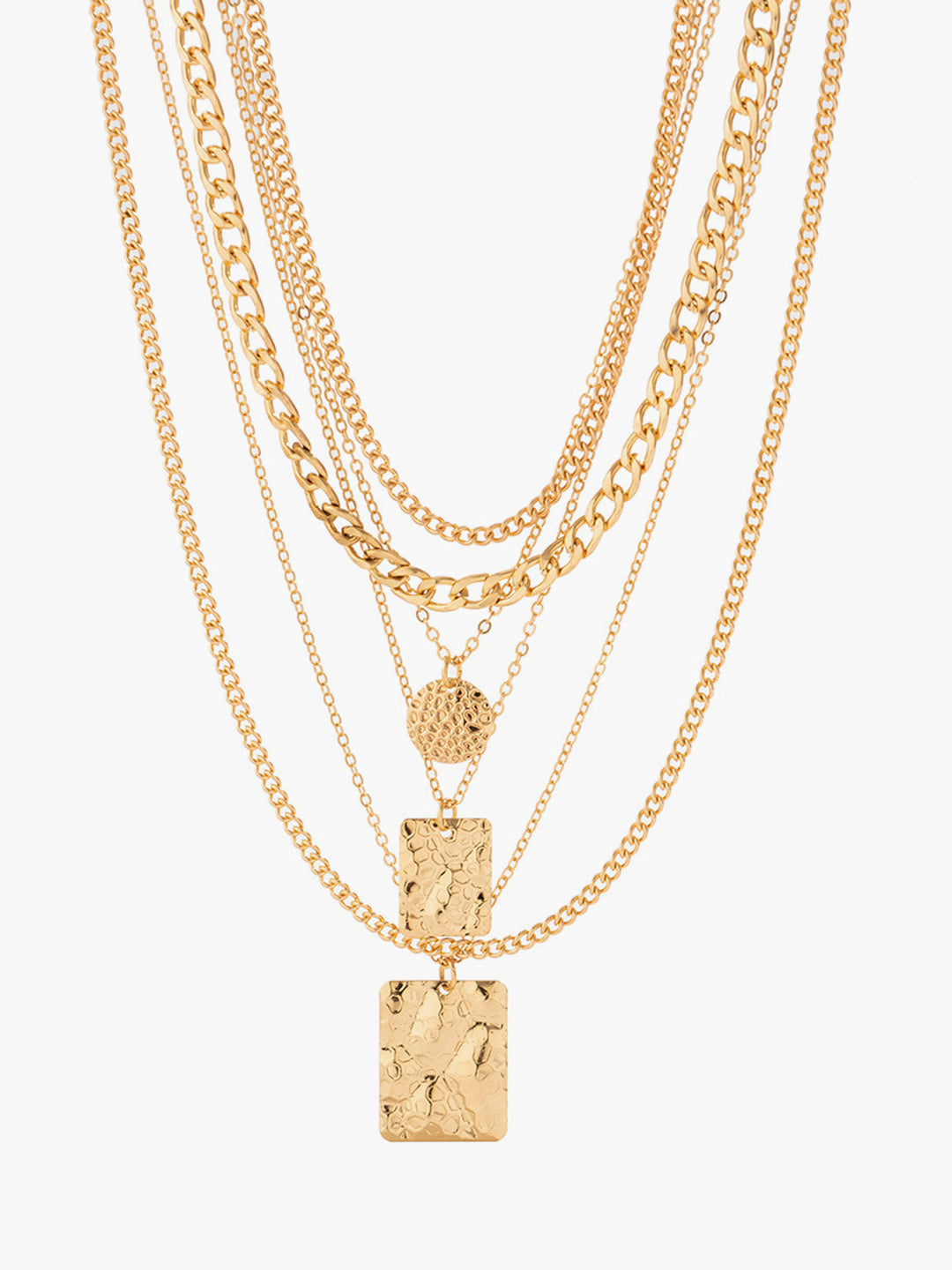 Stylish women's layered necklace featuring delicate textured gold & silver pendants. Perfect elegant fashion accessory.
