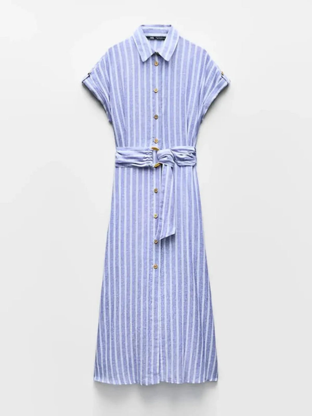Flowy light blue and white striped maxi dress for women, featuring a full button-down design and belt.