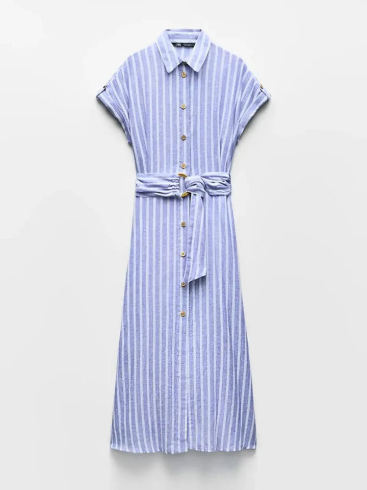 Flowy light blue and white striped maxi dress for women, featuring a full button-down design and belt.