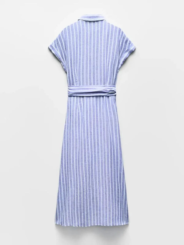 Versatile women's striped button-down maxi dress with a chic belt, great for work or casual outings.
