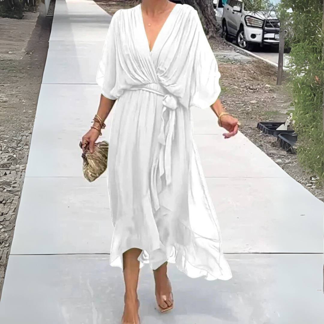 Elegant women's lightweight V-neck wrap dress with short sleeves. Perfect for summer and spring.