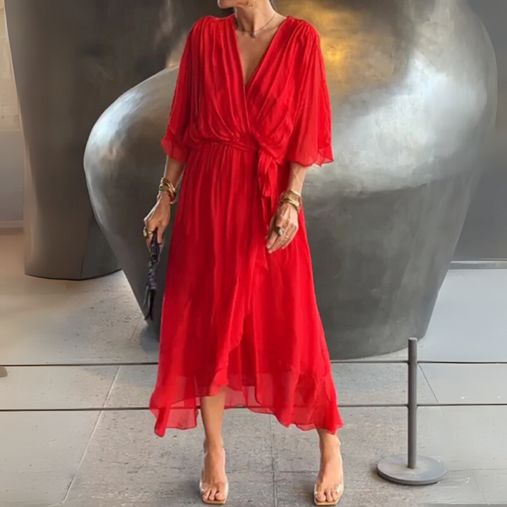 Spring/summer women's V-neck wrap dress, elegant and lightweight with short sleeves.