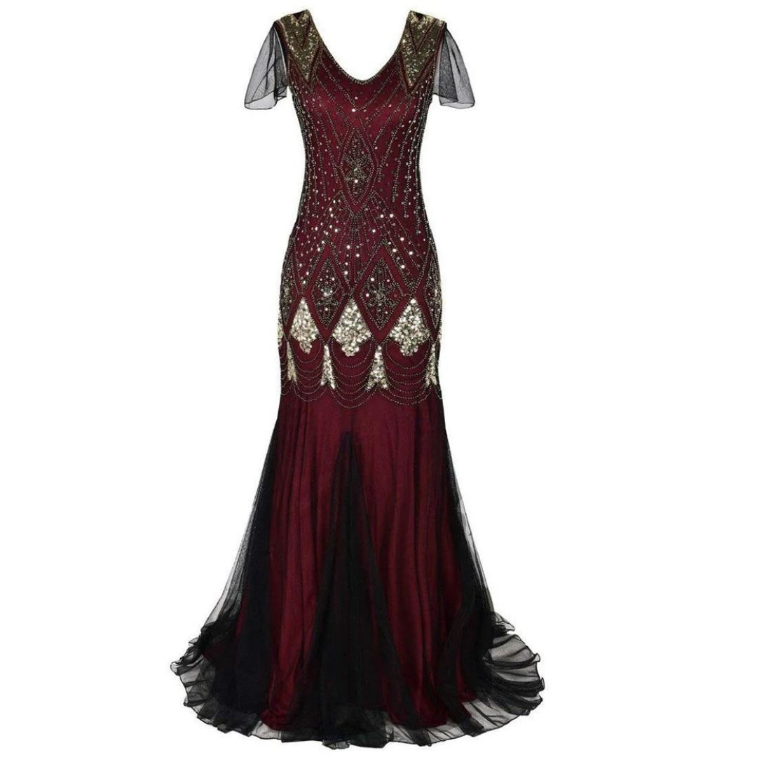 Women's sequin evening gown, a stunning 1920s flapper dress and Gatsby costume with long silhouette.