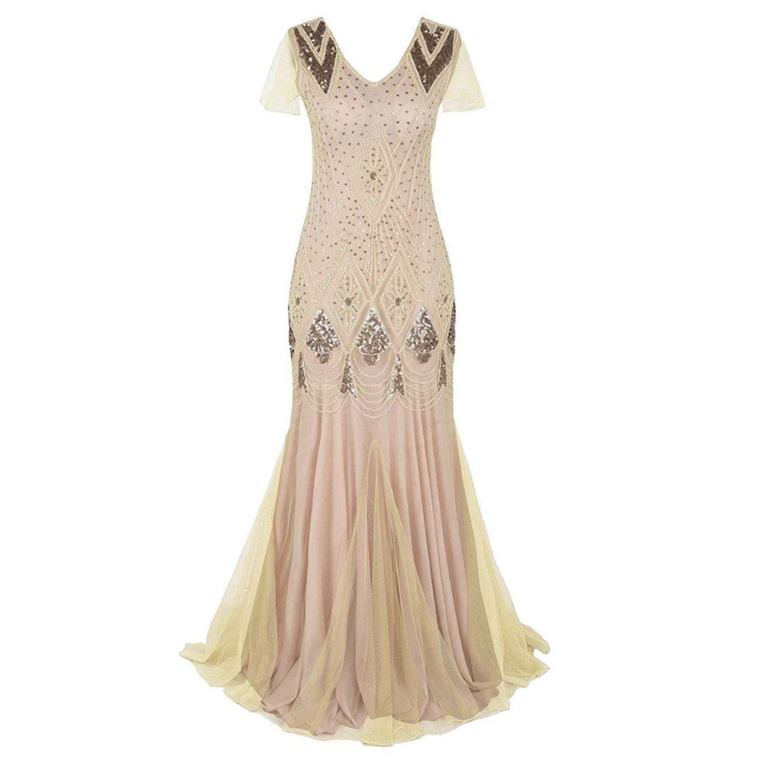 Sparkling sequin long flapper dress for women, a gorgeous 1920s vintage style party and evening outfit.