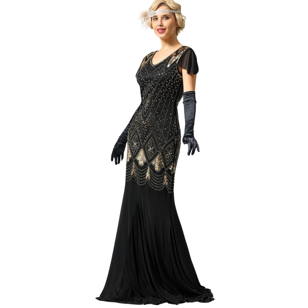 Long women's 1920s flapper dress adorned with glittering sequins, ideal for special occasion parties.