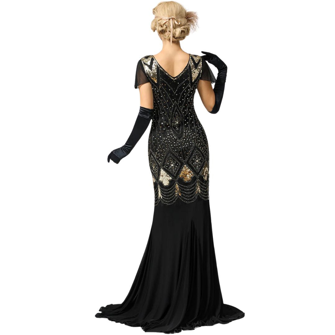 Women's long flapper dress with sparkling sequins, a classic 1920s vintage style perfect for parties.