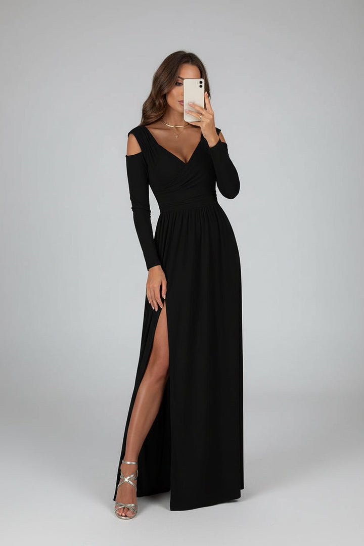 Elegant women's long evening dress with a figure-hugging design and high split, perfect for formal occasions.