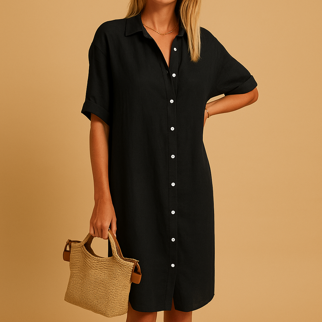 Elegant women's long shirt dress with short sleeves, perfect for a versatile day-to-night summer look.