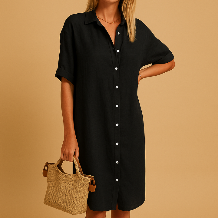 Elegant women's long shirt dress with short sleeves, perfect for a versatile day-to-night summer look.
