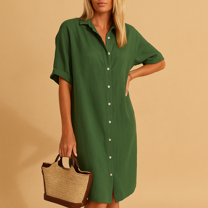 Casual women's short sleeve long shirt dress, ideal for comfortable summer wear and everyday fashion.