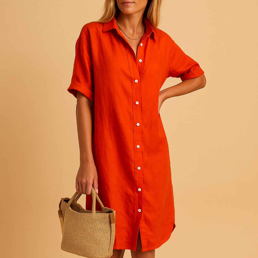 Chic women's short sleeve long dress, an elegant and comfortable shirt dress for summer fashion and versatile styling.