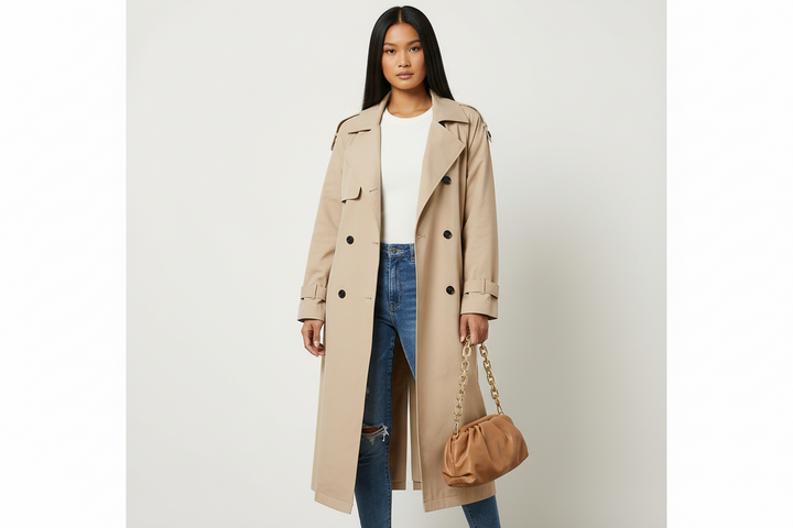 Elegant women's long trench coat, a stylish and versatile overcoat perfect for any season.