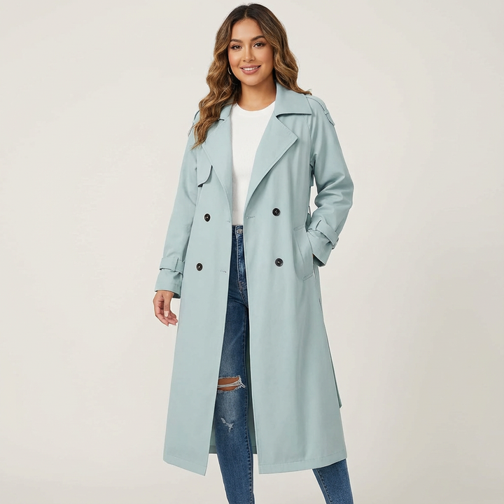 Versatile women's long trench coat, ideal for workwear, travel, or a stylish everyday outfit.