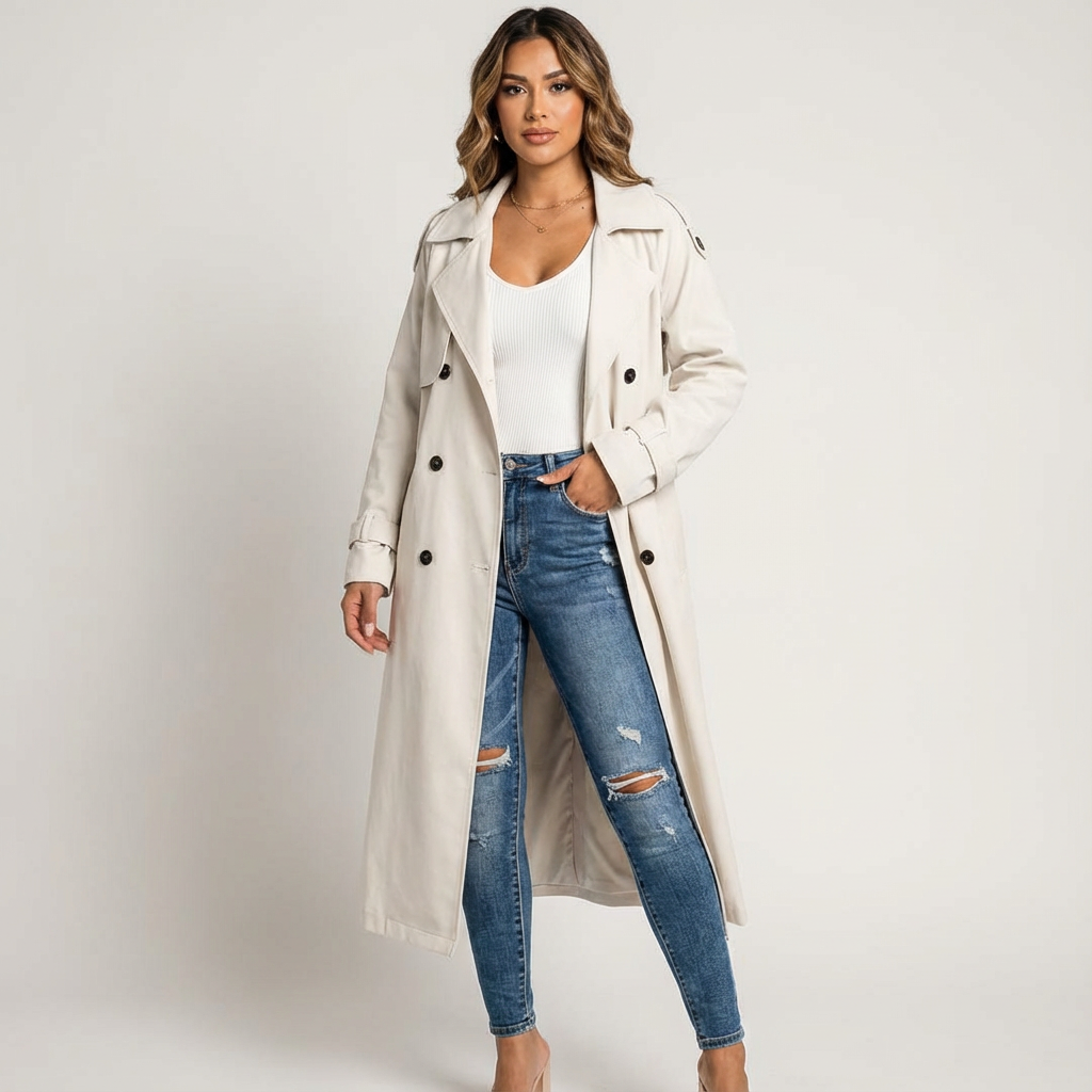 Stylish women's long trench coat, a timeless piece of outerwear for transitional weather and elegant fashion.