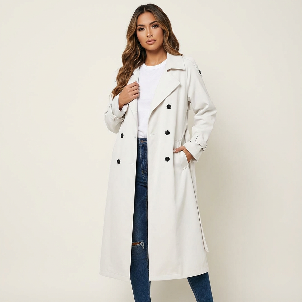 Beige women's long trench coat in a durable fabric, offering a sophisticated and classic style for women.