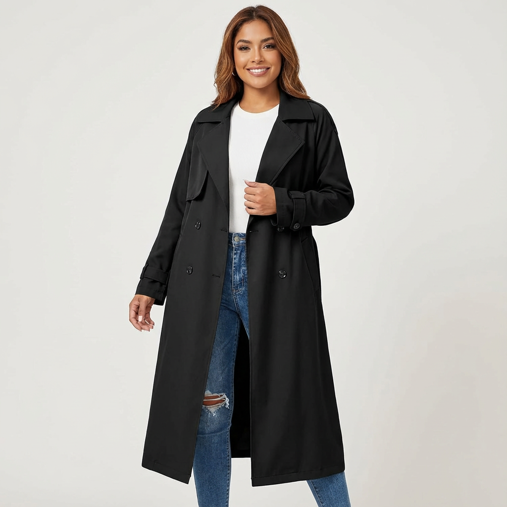 Detail shot of the elegant collar and button closure on a classic women's long trench coat, highlighting quality.