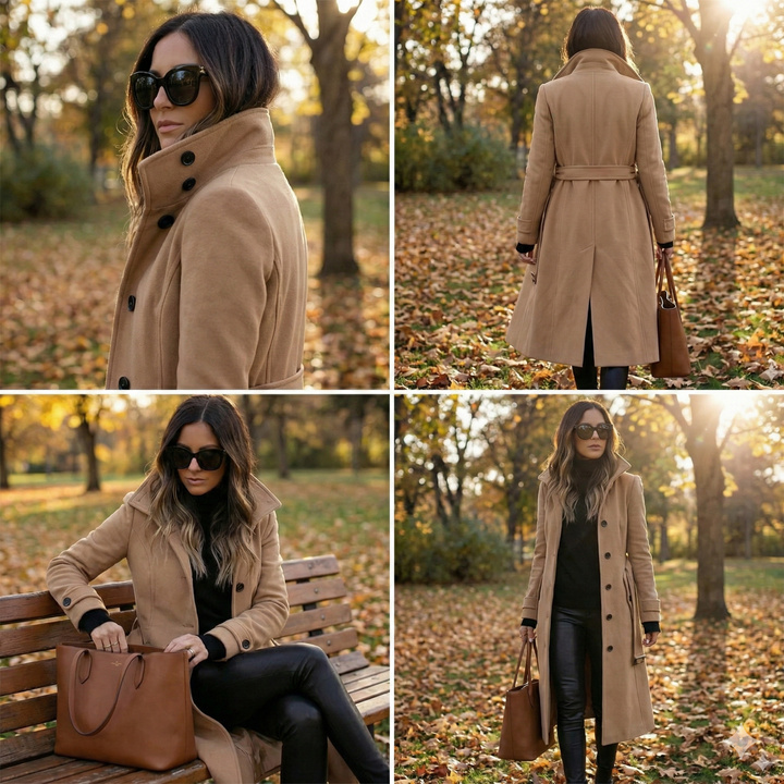 Tailored women's long trench coat. Sophisticated double-breasted style, perfect elegant winter outerwear.