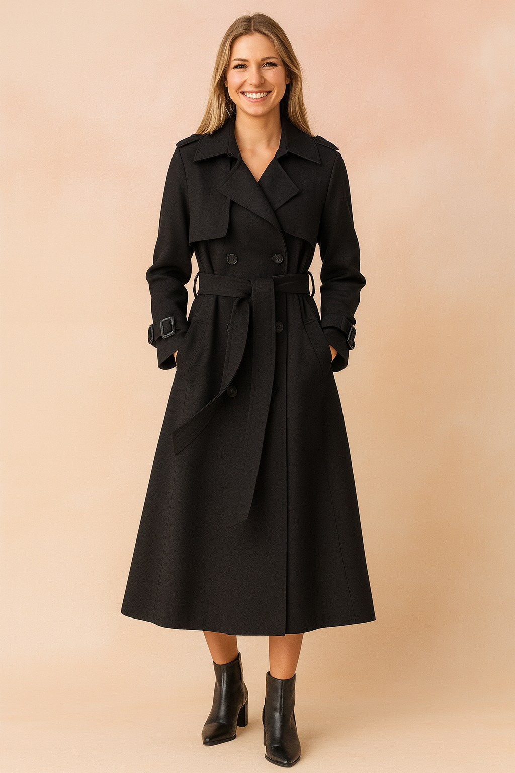 Elegant women's long trench coat with belt and buckle details, perfect for fall and spring fashion.