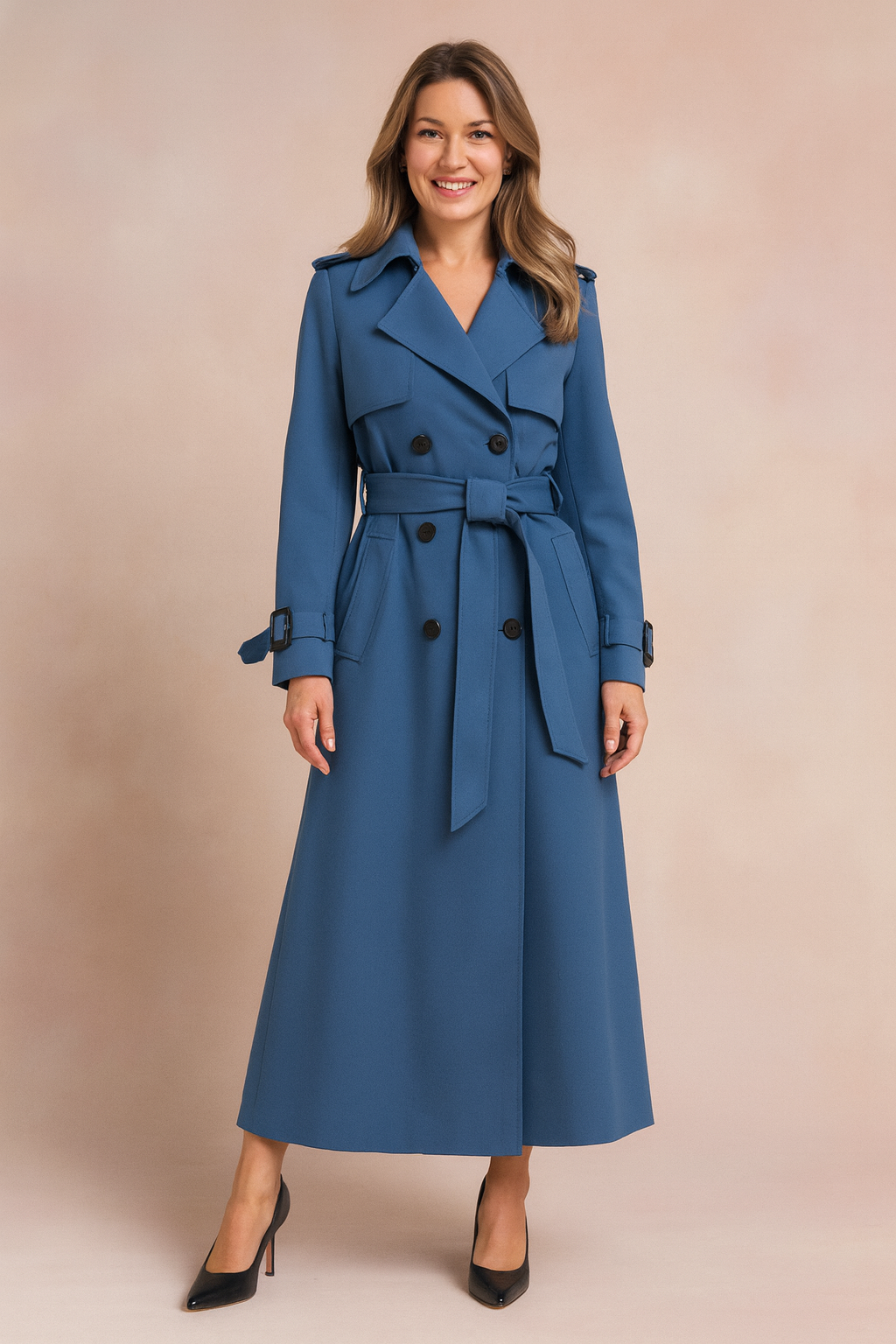 Stylish women's belted trench coat, a classic long outerwear piece with elegant buckle details for versatile wear.