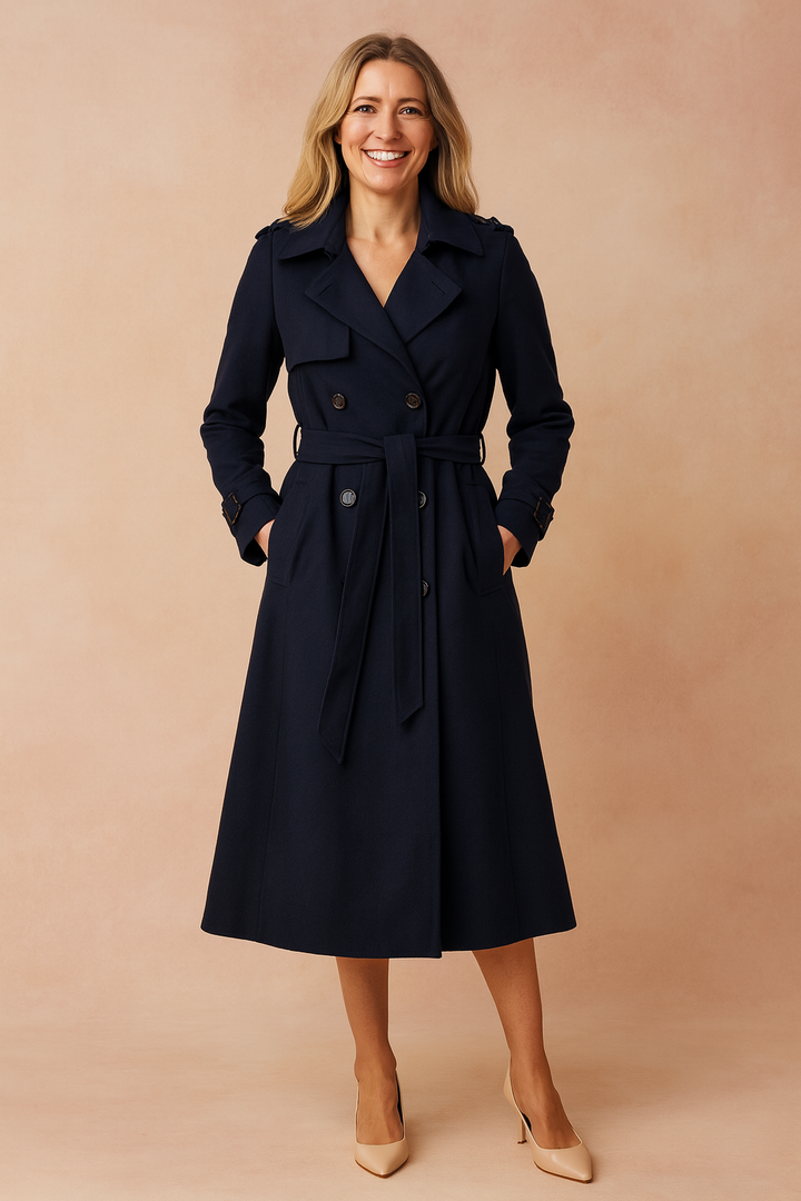 Versatile women's long trench coat, ideal for transitional fall and spring weather, featuring belt & buckle accents.
