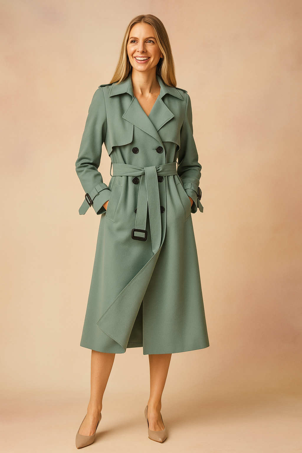 Close-up of elegant women's trench coat featuring a cinched belt and stylish buckle details on sleeves.