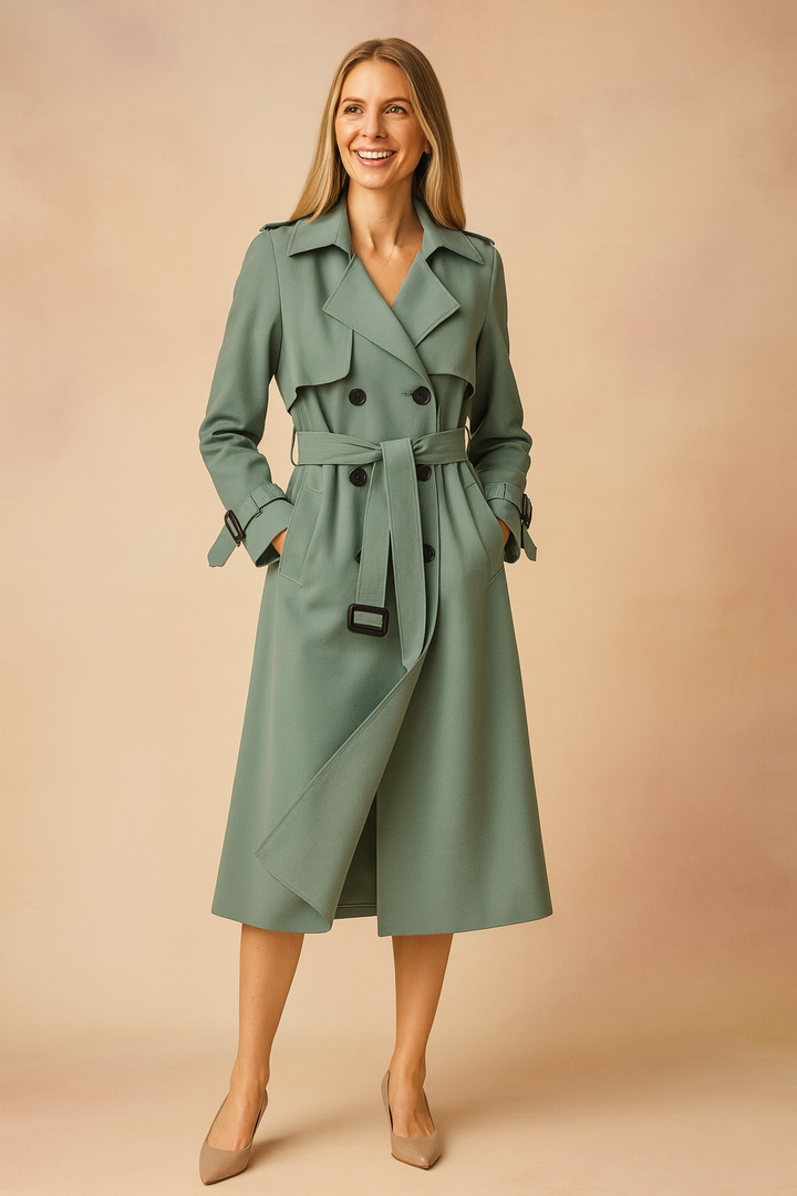 Close-up of elegant women's trench coat featuring a cinched belt and stylish buckle details on sleeves.