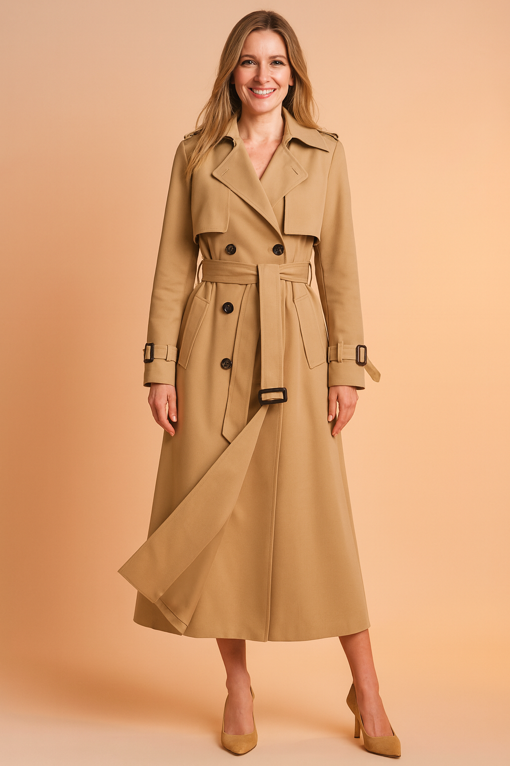 Full-length view of a women's elegant long trench coat, styled with a belt for a flattering, classic silhouette.