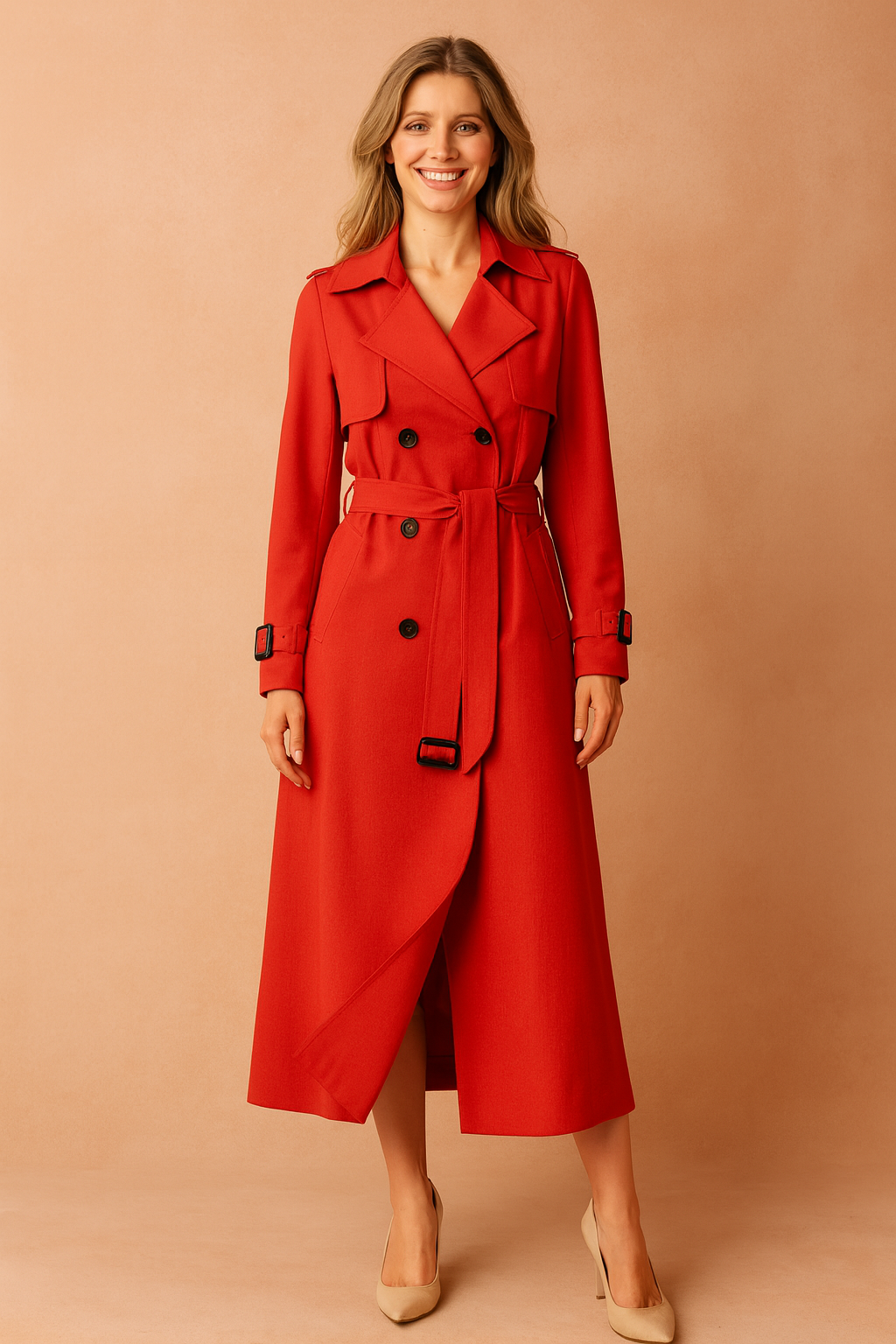 Women's classic long trench coat, an elegant outerwear staple with a flattering belted design and buckle accents.